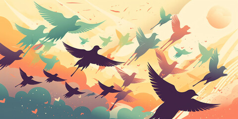 A group of soaring birds, signifying the idea of freedom and unboundedness. Generative AI.