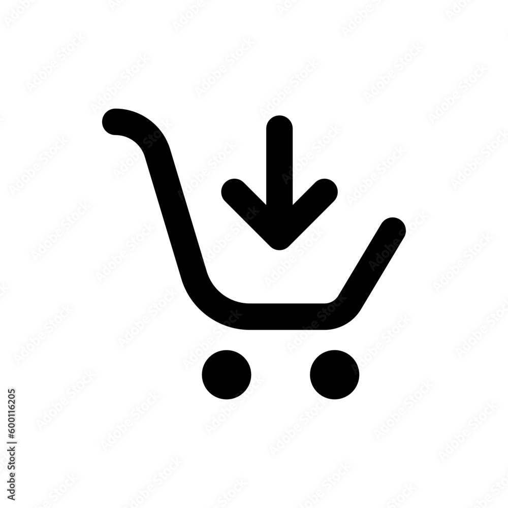 Poster add to shopping cart icon, shop basket symbol with arrow down icon symbol . line outline