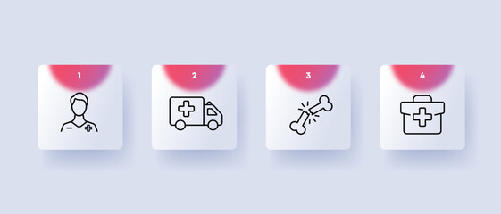 Emergency medical services icon set. Medication administration, wound care, and transportation to hospitals. Medical concept. Glassmorphism style. Vector line icon for Business and Advertising