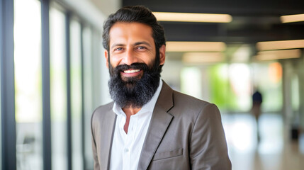 Obraz premium Business man in a modern office, indian smiling small business owner, executive or sales manager, leadership position, ceo, successful portrait - diversity, generative ai