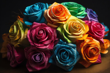 a bouquet of rainbow-colored roses paper art. generative AI