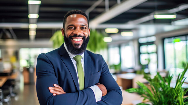 Business man in a modern office, black man smiling small business owner, executive or sales manager, leadership position, ceo, successful portrait - diversity, generative ai