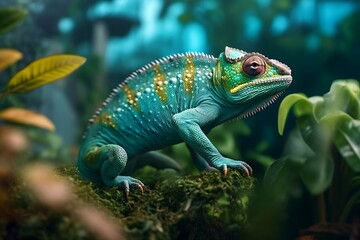 Green colored chameleon close up. Generative AI