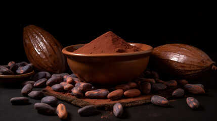 Indulge in the Aroma: Cocoa Powder and Beans on a Dark Surface, Perfect for Chocolate Lovers Generative AI