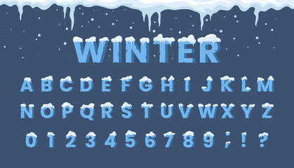 Snow alphabet set. Collection of blue ice letters. Design elements for invitation and greeting postcards. New Years and Christmas. Cartoon flat vector illustrations isolated on blue background © Rudzhan