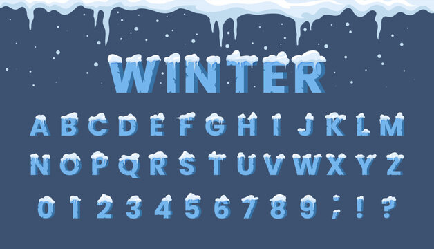 Snow alphabet set. Collection of blue ice letters. Design elements for invitation and greeting postcards. New Years and Christmas. Cartoon flat vector illustrations isolated on blue background