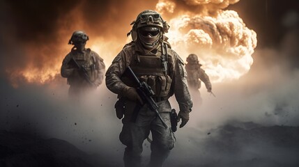 Military special forces soldiers crosses destroyed warzone, Generative AI