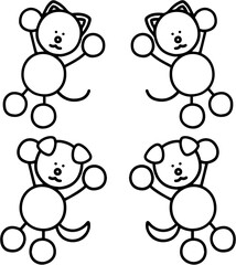 バンザイするわんまるとにゃんまるの線画セット　犬　猫