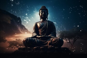 A buddha statue sits in front of a starry night sky. Genarative ai