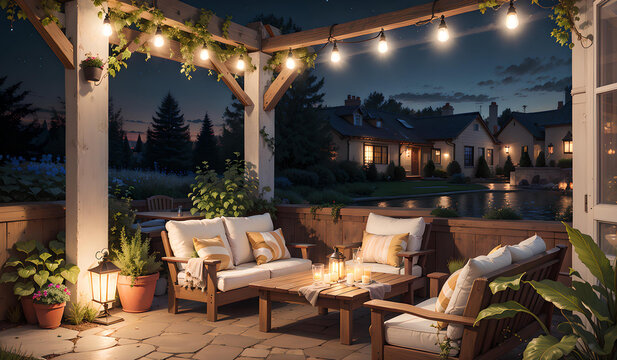 Illustration of a beautifully lit patio at night with string lights and lanterns created with Generative AI technology