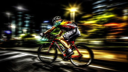 Fototapeta premium High-speed cyclist riding in town at night, motion blur created with generative AI technology