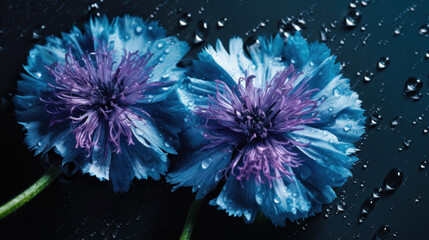 Obraz premium Background of Cornflowers with raindrops created with generative AI technology