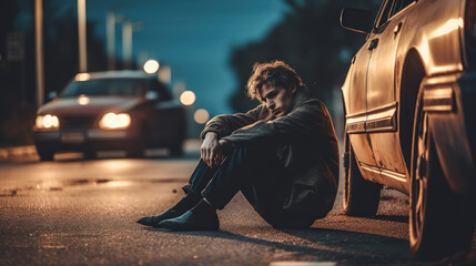 Obraz na płótnie Canvas Man sits by wrecked car after car accident created with generative AI technology