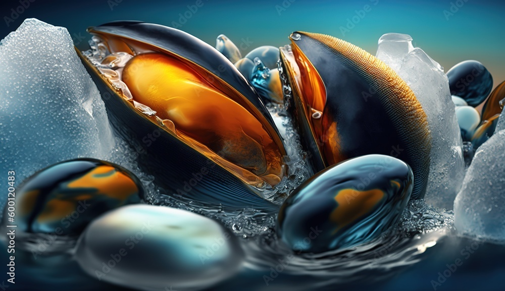 Poster cold ice cubes with a close-up of mussels generative ai