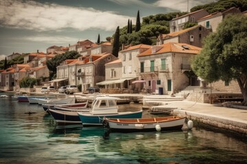 Fototapeta na wymiar A charming shot of a small fishing village on the Croatian coast, with colorful buildings and boats in the harbor. The quaint coastal villages of Croatia.