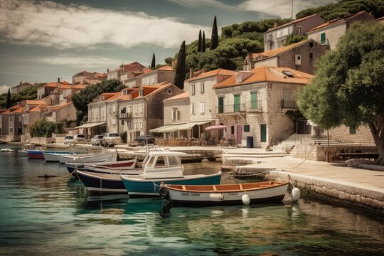 A charming shot of a small fishing village on the Croatian coast, with colorful buildings and boats in the harbor. The quaint coastal villages of Croatia." Generative AI.