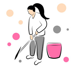 The woman washes the floor. Vector illustration isolated on white background. House cleaning