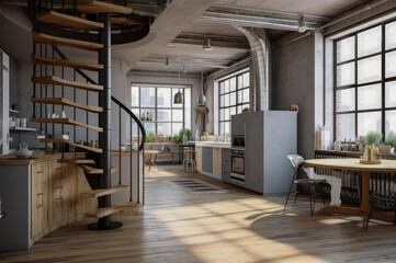 Generative AI illustration of kitchen open loft living space with large spiral stairs and vintage reclaimed natural wood furniture