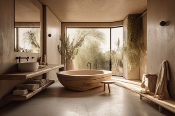 Fototapeta na wymiar Boho-Scandinavian Designer Bathroom with Natural Light and Freestanding Bathtub..