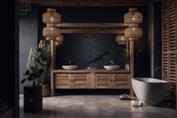 Relaxing Japandi-style Bathroom Oasis with Luxurious Marble and Modern LED Lighting..