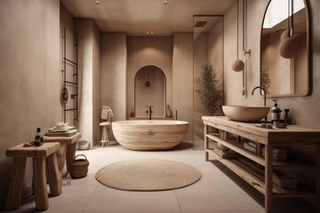 Spacious Boho-Scandinavian Bathroom with Freestanding Tub and Designer Elements..