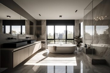 Fototapeta na wymiar Serene Luxurious Bathroom Experience with Freestanding Tub, Designer Details, and Natural Light