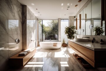 Serene Luxurious Bathroom Experience with Freestanding Tub, Designer Details, and Natural Light.....