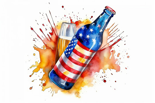 Generative AI illustration of beer with American flag for 4th of July celebration