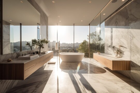 Inviting Designer Bathroom with Freestanding Bathtub, Luxury Accents, and Sun-Kissed Atmosphere..