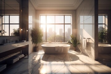 Luxurious Designer Bathroom Bathed in Natural Light with Freestanding Bathtub..