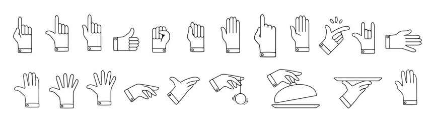 Vector set of illustration of different gesture of male hand on white color background. Flat line art style design of collection of man hand