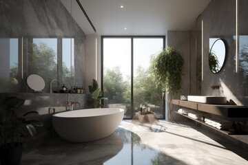 Elegant Bathroom Retreat Featuring Natural Light, Designer Touches, and Luxurious Freestanding Tub..