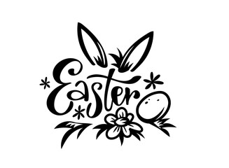 Vector illustration of word easter on white color background with rabbit ear and egg. Flat line art style lettering design of easter holiday