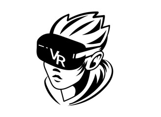 Vector black and white illustration of man head with virtual reality helmet on white background. Line art flat style logo design of vr user avatar