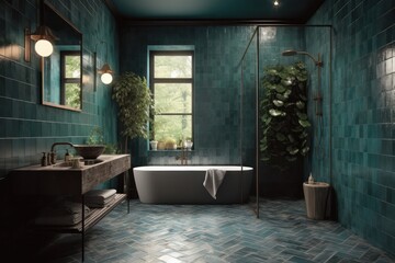 Designer bathroom, luxurious green tiles bathroom with natural plants and freestanding bathtub