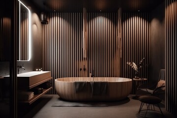 sleek wood and marble bathroom with LED lighting, double vanity and freestanding tub.