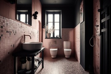 3d render - details of pink bathroom with mosaic tiles and elegant feel
