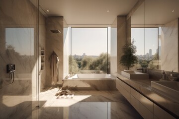Loft details, designer bathroom with freestanding bath tub and beige marble interior. Led lights and symmetrical vanities