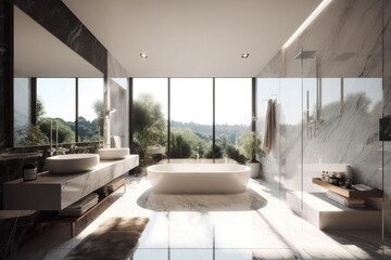 Obraz na płótnie Canvas Loft details, designer bathroom with freestanding bath tub and beige marble interior. Led lights and symmetrical vanities