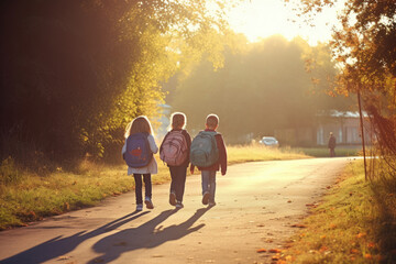 Kinder mit Rucksack laufen in die Schule, Generative AI