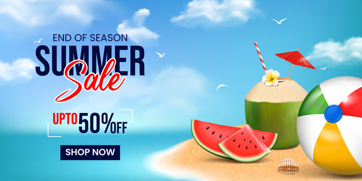 summer sale banner design, end of season summer sale offer banner illustration with summer elements
