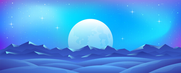 Vector color gradient widescreen illustration of night view of hills and mountains.