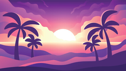 Fototapeta na wymiar Tropical beach with palm trees on bright sunset background. Mediterranean idyllic evening landscape.