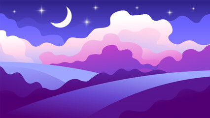Fototapeta na wymiar Beautiful fabulous night landscape. Meadows and hills on the moon and stars on the night sky background.