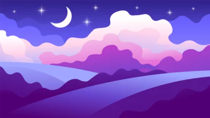 Selbstklebende Fototapeten Violett Beautiful fabulous night landscape. Meadows and hills on the moon and stars on the night sky background.  © Dmytro