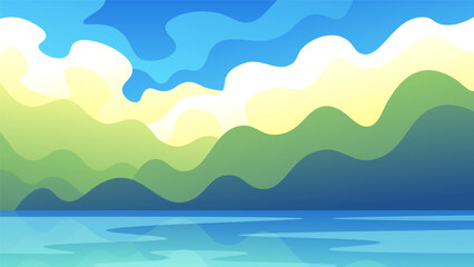 Fototapeta na wymiar Water surface on wavy green abstract mountains background. Summer flat illustration coast landscape.