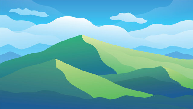 Beautiful high green mountains on blue sky background. Mountain ranges summer horizontal landscape.
