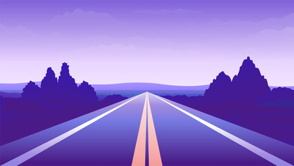 Beautiful nighttime asphalt road leading straight ahead. Evening sunset horizontal illustration of a suburban landscape.
