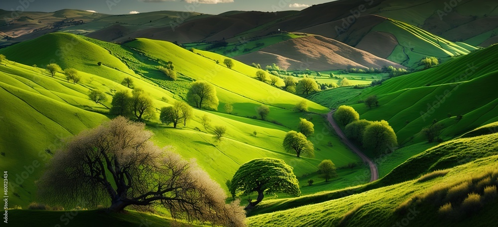 Poster scenery of verdant hills in the springtime twilight generative ai