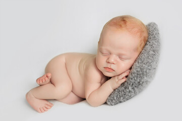 Newborn baby lies on its side on the handles. The baby sleeps sweetly on white blanket.
